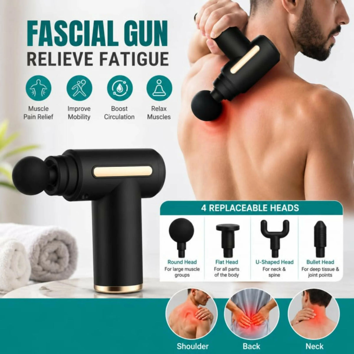 4-in-1 Rechargeable Massage Gun – Deep Muscle Relaxation
