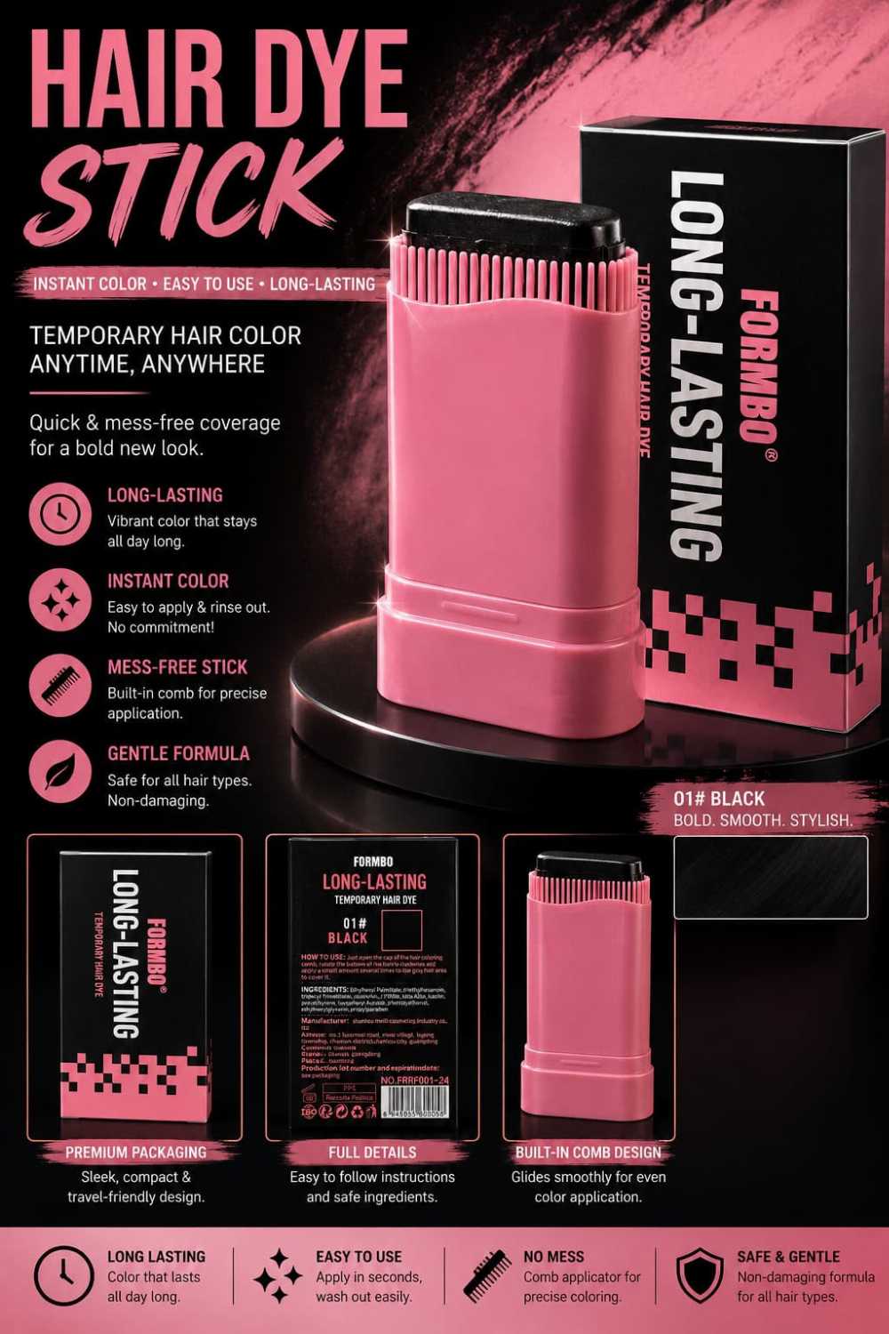Hair Color Comb Stick – Zero Mess Waterproof Temporary Hair Dye for Men & Women