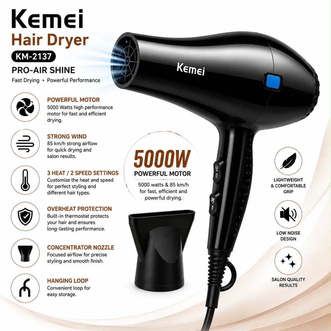 Kemei Professional Hair Dryer 5000W – High-Speed Blow Dryer with 3 Heat & 2 Speed Settings